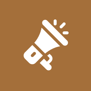 White megaphone icon on brown background.